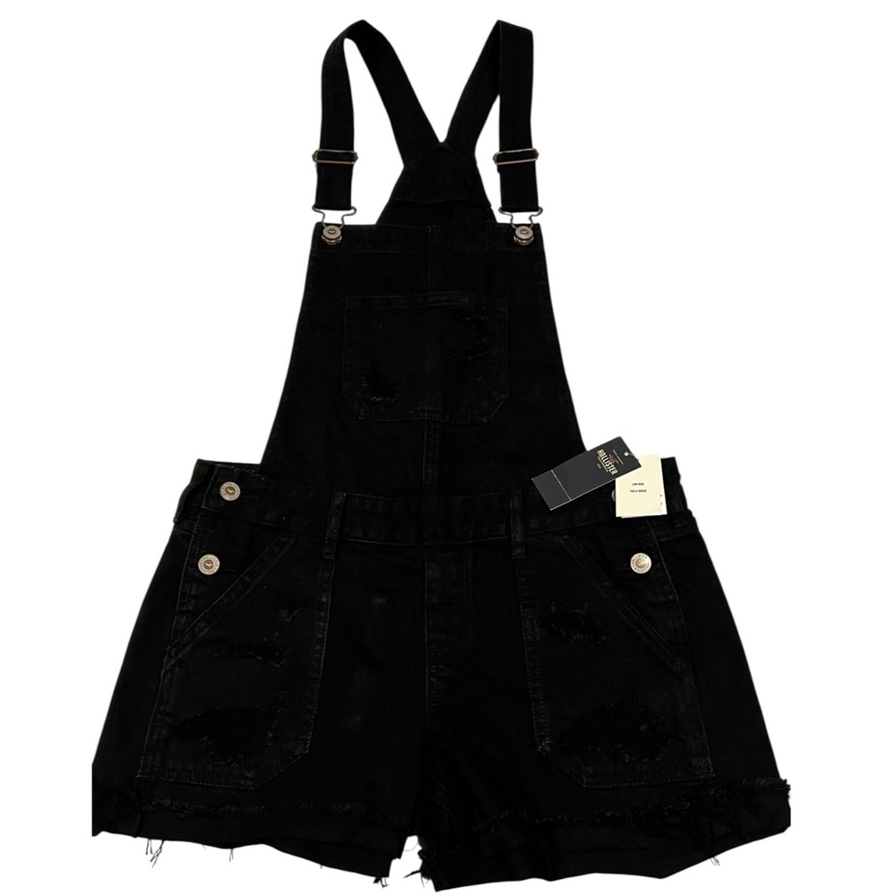 NWT Hollister Black Distressed Denim Low Rise‎ Short Overalls Size Small